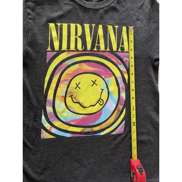 Nirvana Smiley Face 90’s Music Band Tie Dye Logo Graphic Tee Grey T-shirt, XS - Picture 7 of 8